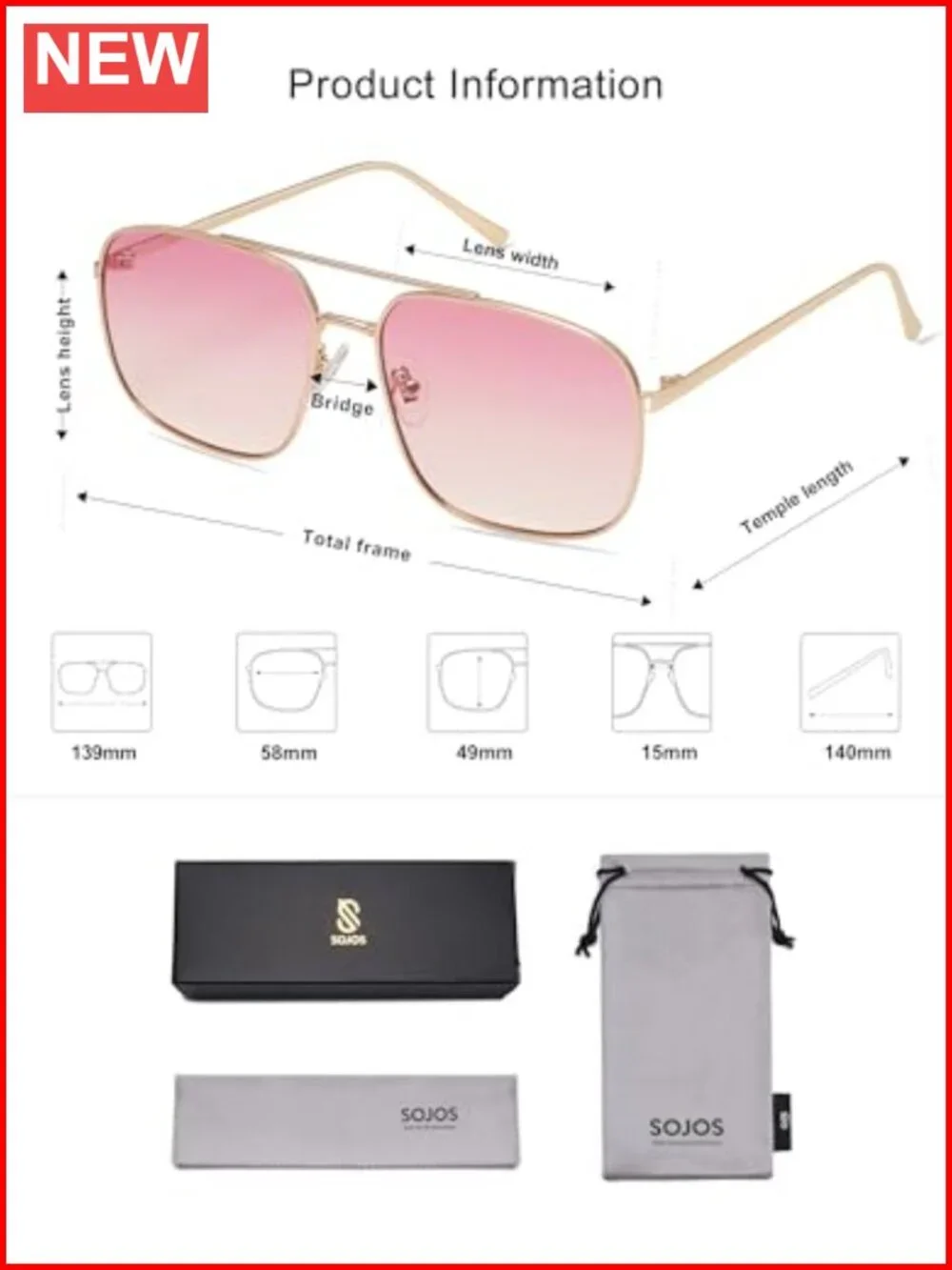 Square Aviator Sunglasses Metal Frame UV400 Protection